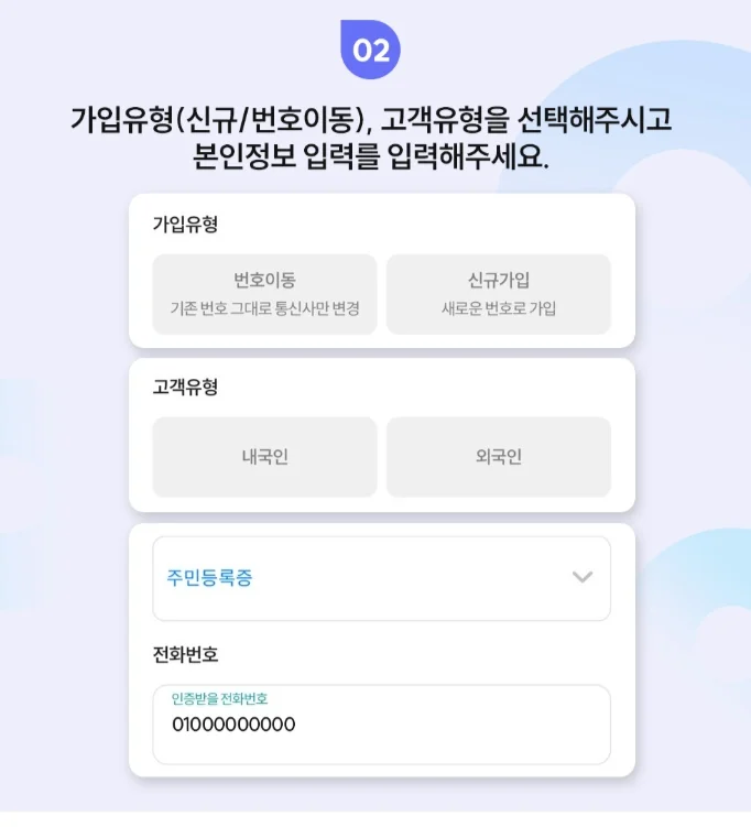 셀프개통 2단계 — 가입유형(신규가입·번호이동), 고객유형(내국인·외국인), 주민등록증, 전화번호 입력 화면